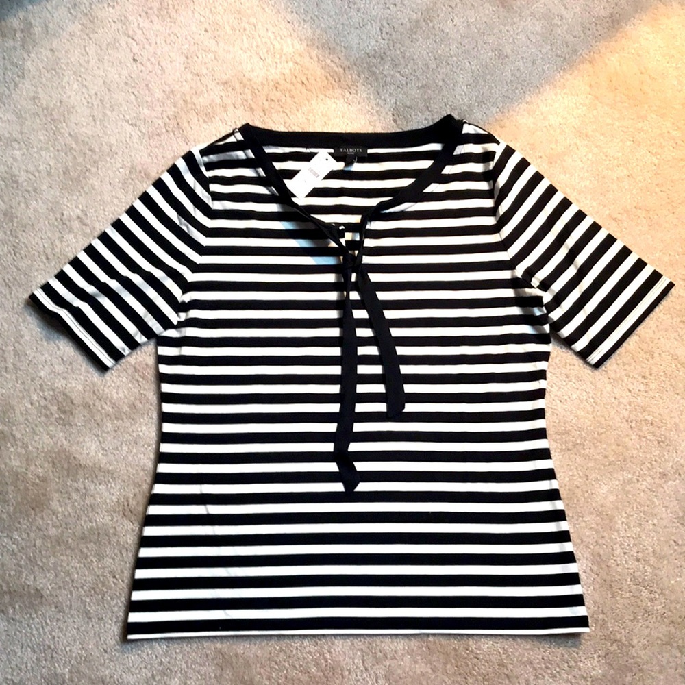 NWT Talbots black & cream striped petite tee with ribbon tie. Sz MP